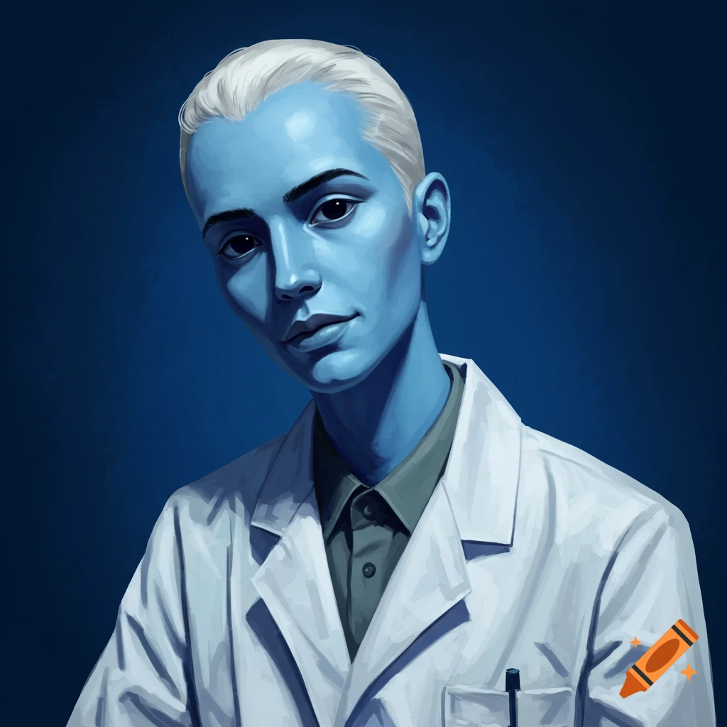A person with blue skin and white hair wears a lab coat.