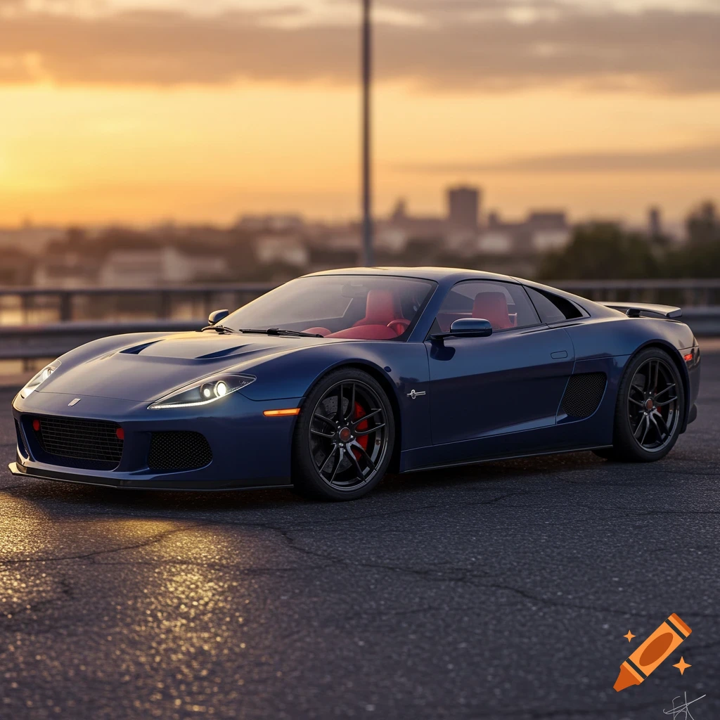 A blue sports car is parked on a road at sunset with a city skyline in the background.