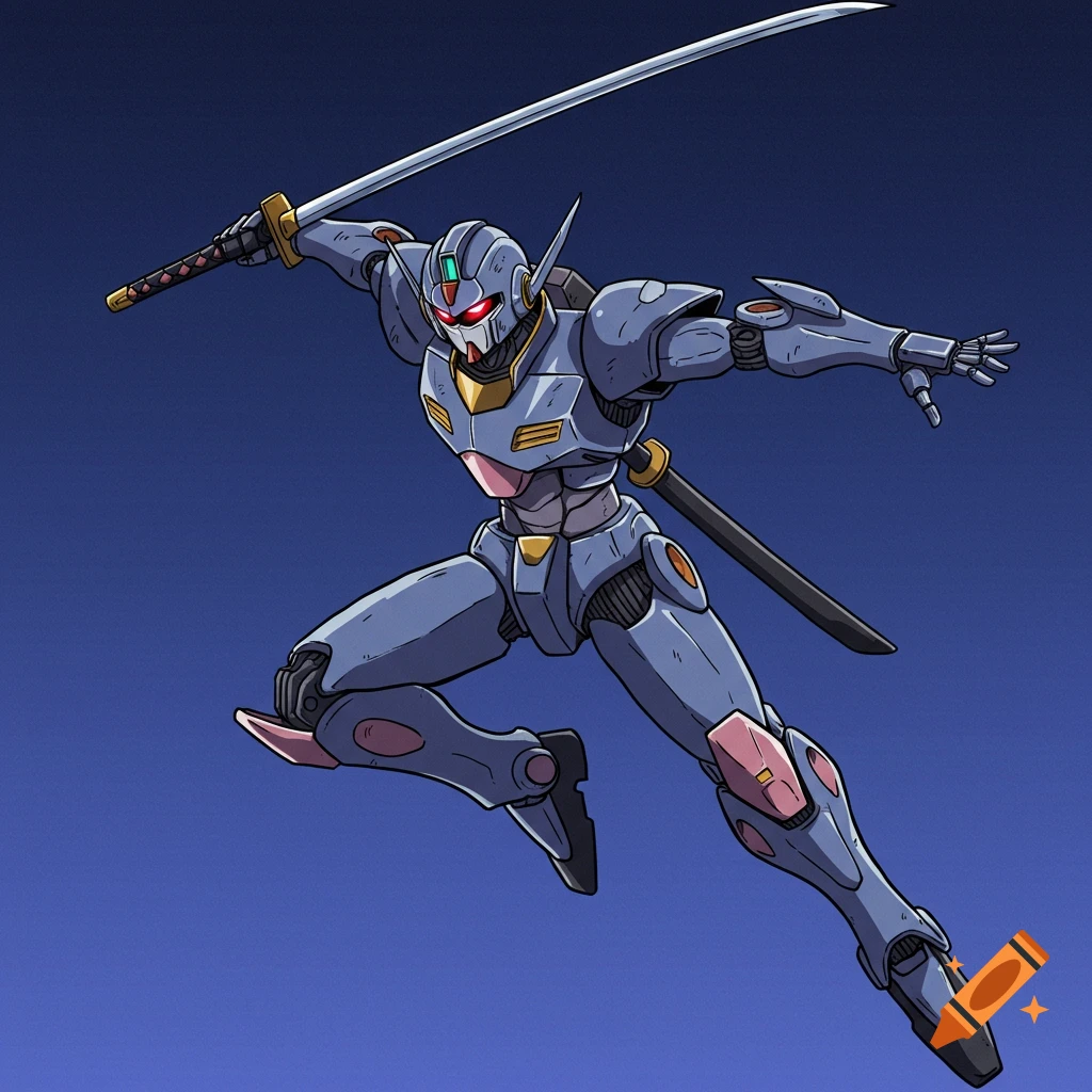 Anime style drawing of a gray and pink robot in a dynamic pose with a sword.
