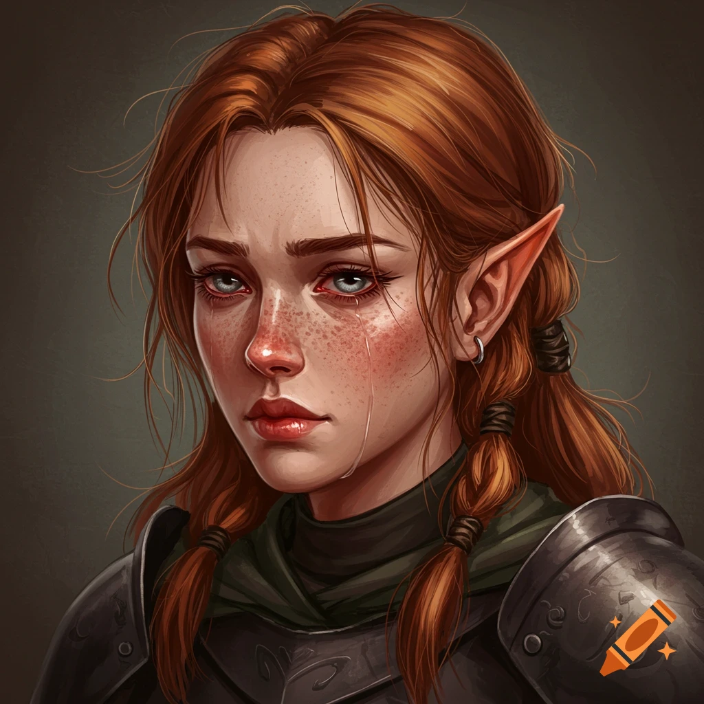 Fantasy portrait painting of a sad wood elf woman in armor.