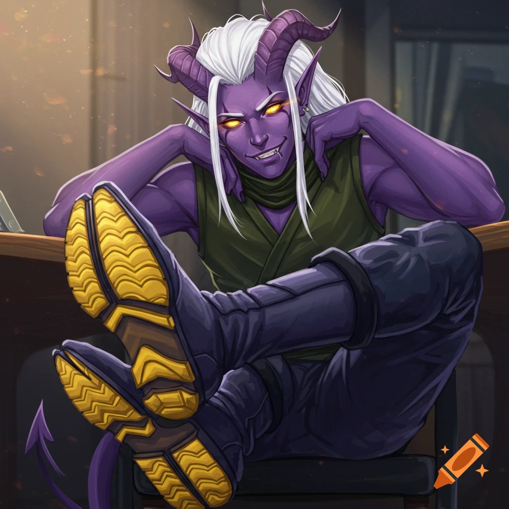 A purple-skinned fantasy character with horns, white hair, and glowing eyes, sitting with feet on a desk and smirking.