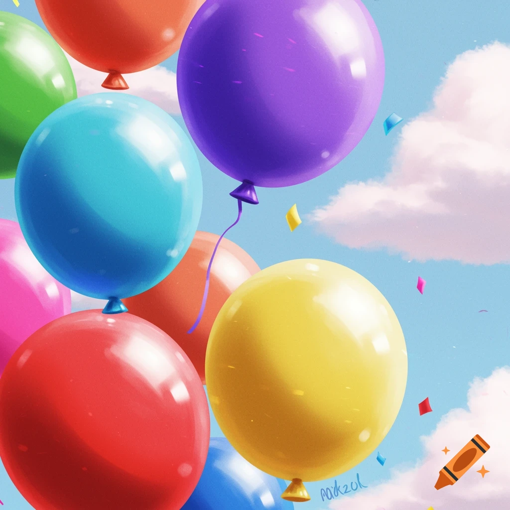 Colorful balloons floating in a blue sky with clouds and confetti.