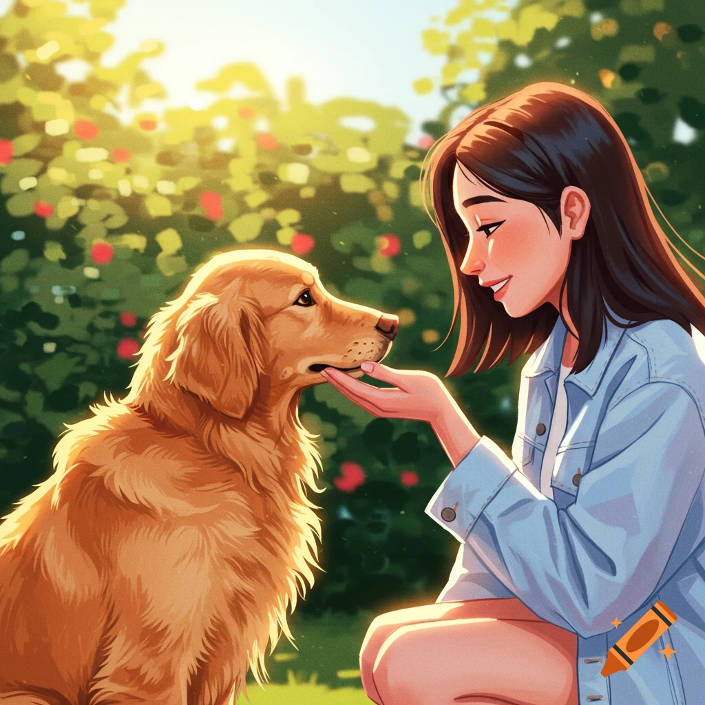 A woman petting a golden retriever in a sunny park