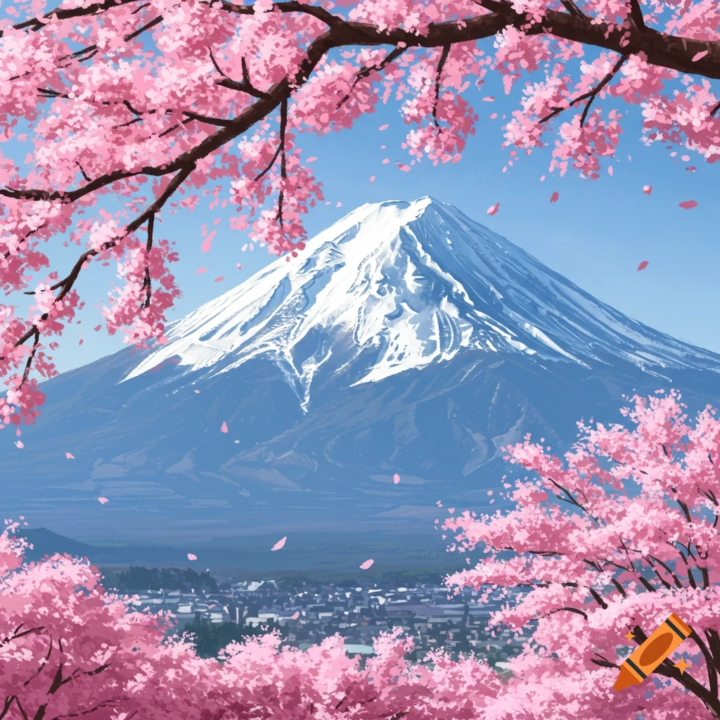 Mount Fuji framed by pink cherry blossoms with a town below.