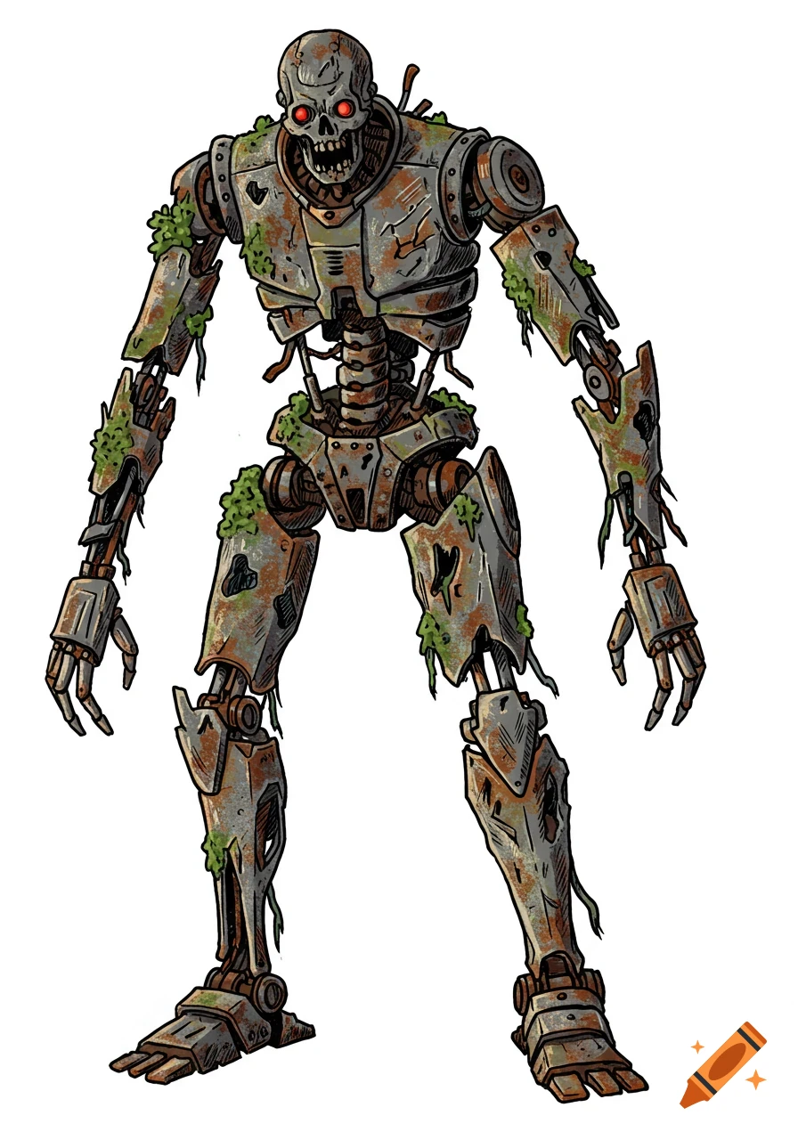 Hand-drawn illustration of a rusty, moss-covered undead robot with a skull face and glowing red eyes.