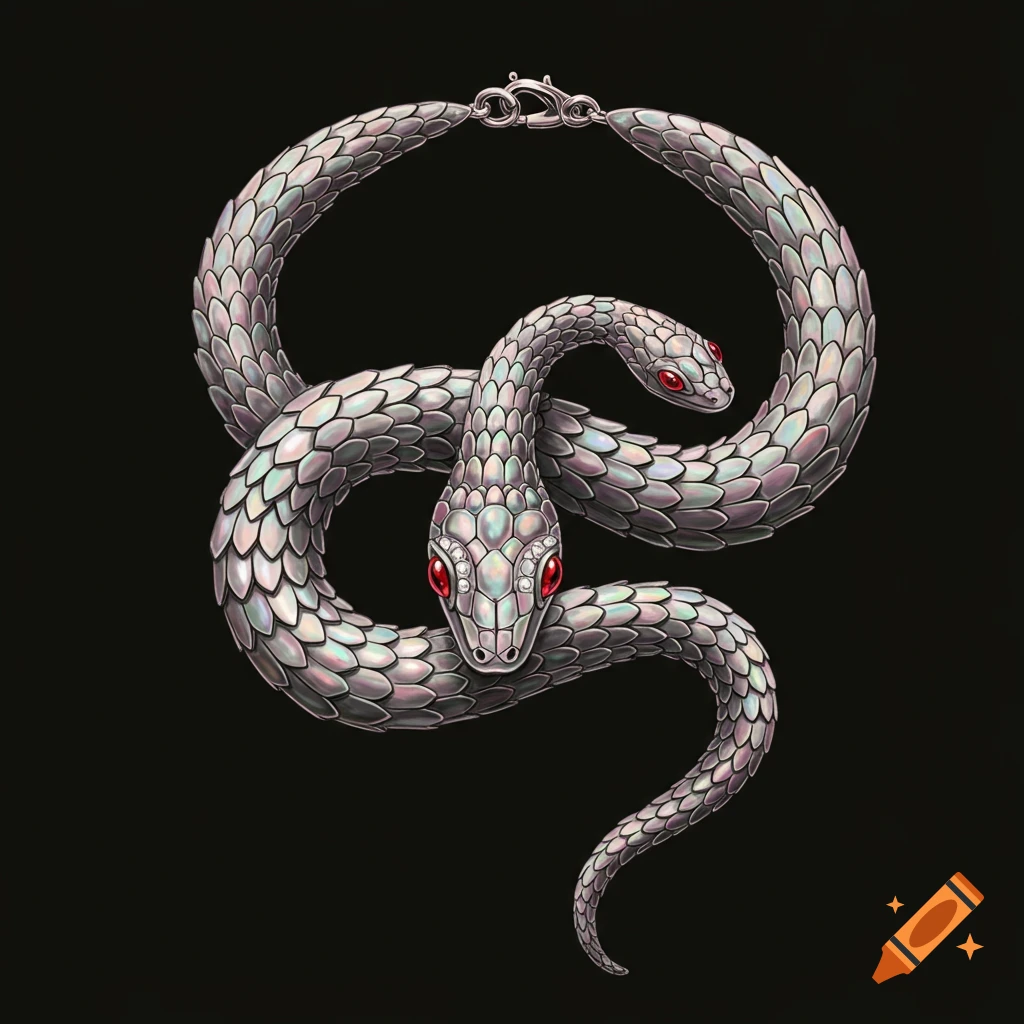 A pearlescent silver snake necklace with red eyes on a black background.