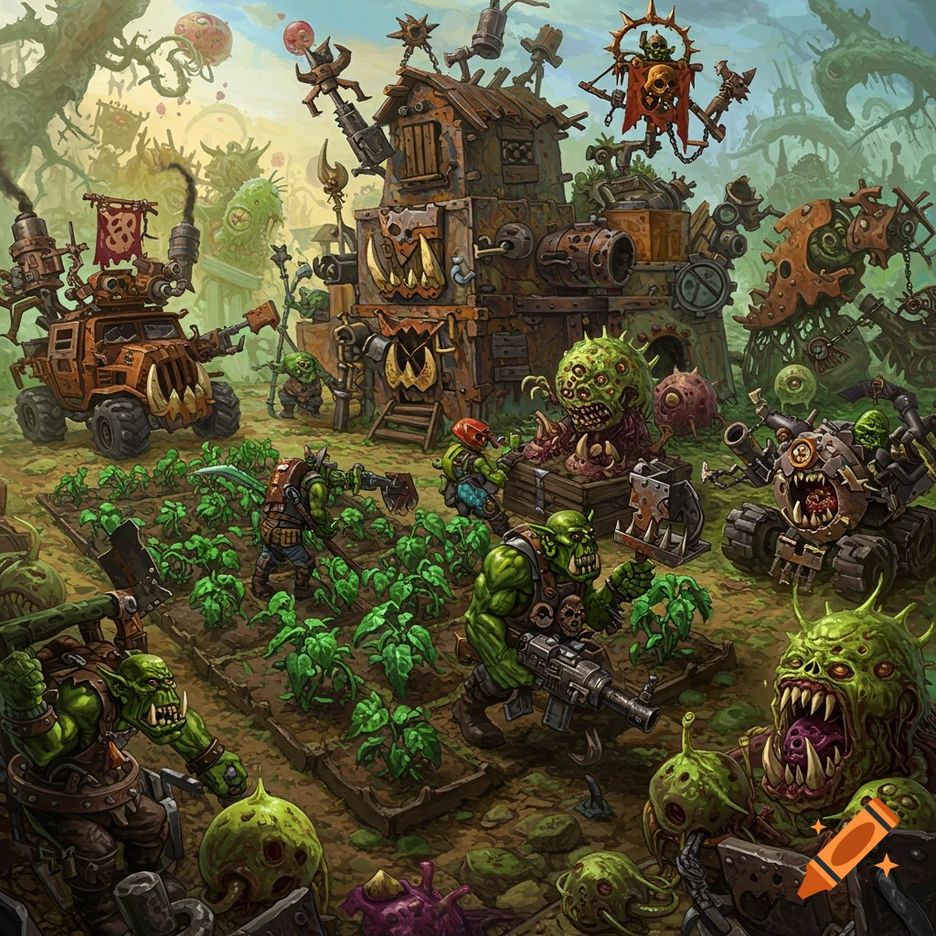 Warhammer Orks farming around a ramshackle fortress with war machines.