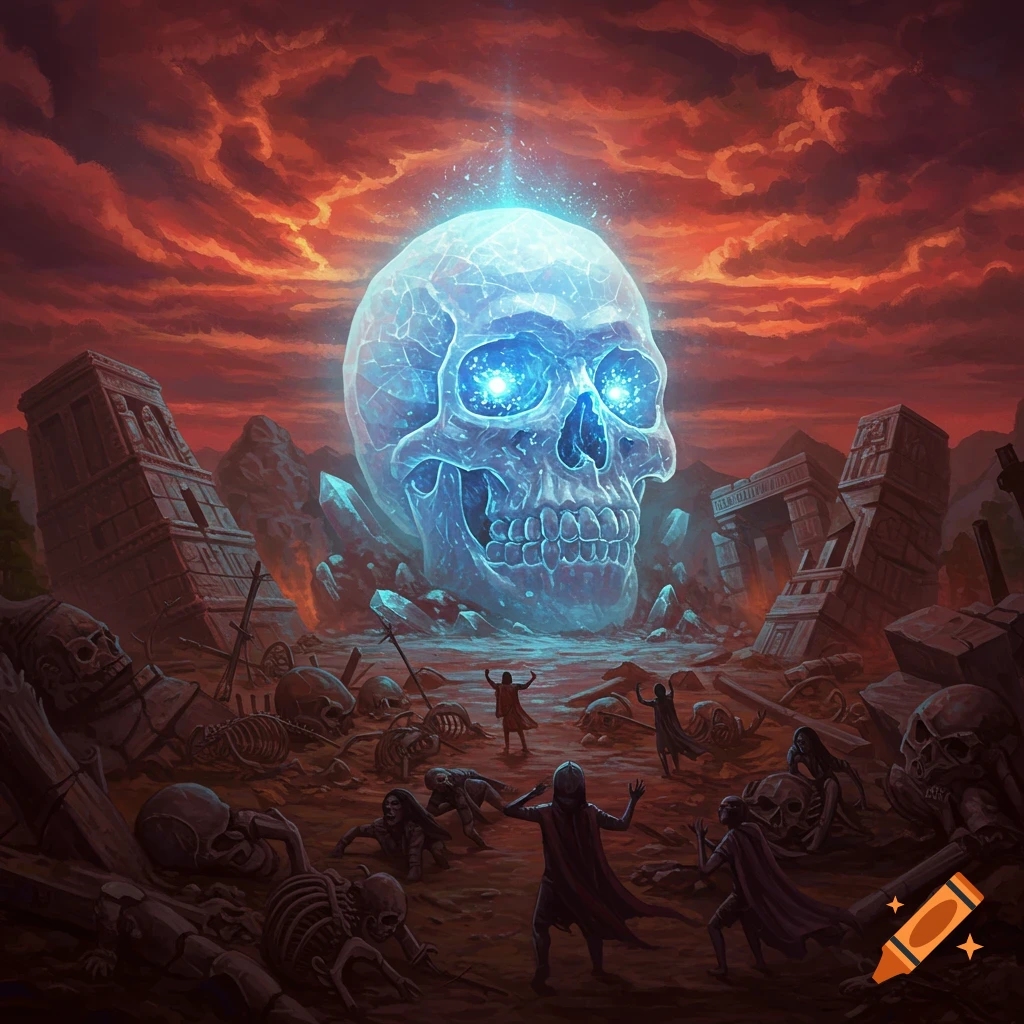 A giant glowing crystal skull hovers over ancient ruins, beneath a red sky. Figures and skeletons are scattered throughout the scene.