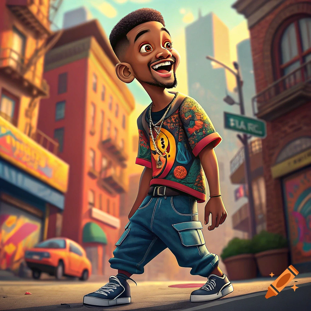 Cartoon character resembling Will Smith walks in a stylized urban street scene.