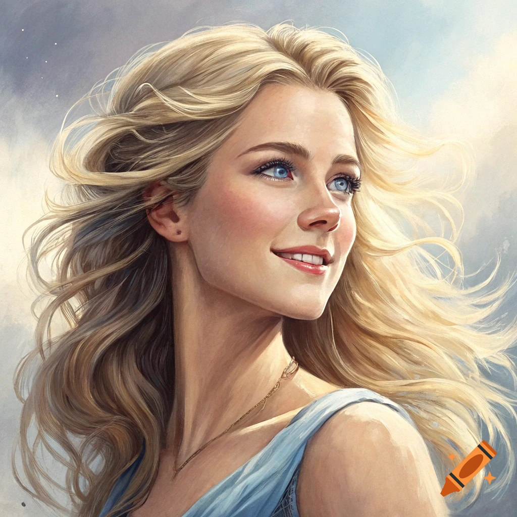 Portrait of a blonde woman with blue eyes smiling, hair blowing in the wind against a cloudy sky.