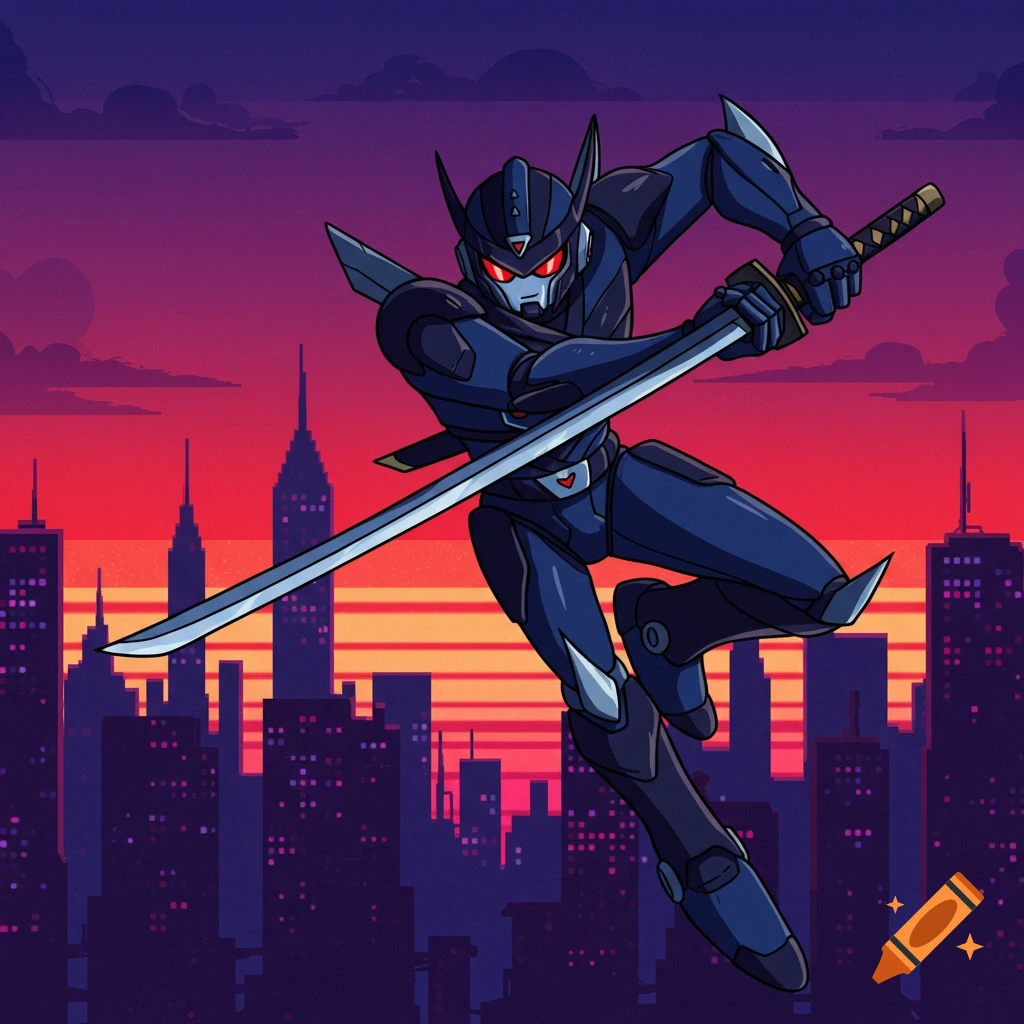 A robot ninja leaps over a city skyline at sunset, holding a sword, in a 2000s cartoon style.