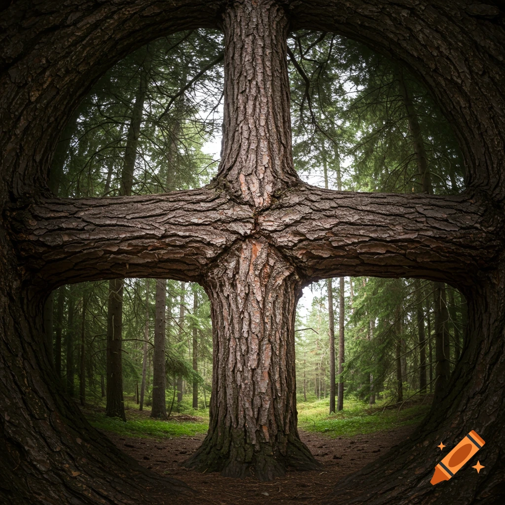 A cross shape formed by large tree trunks in a forest.