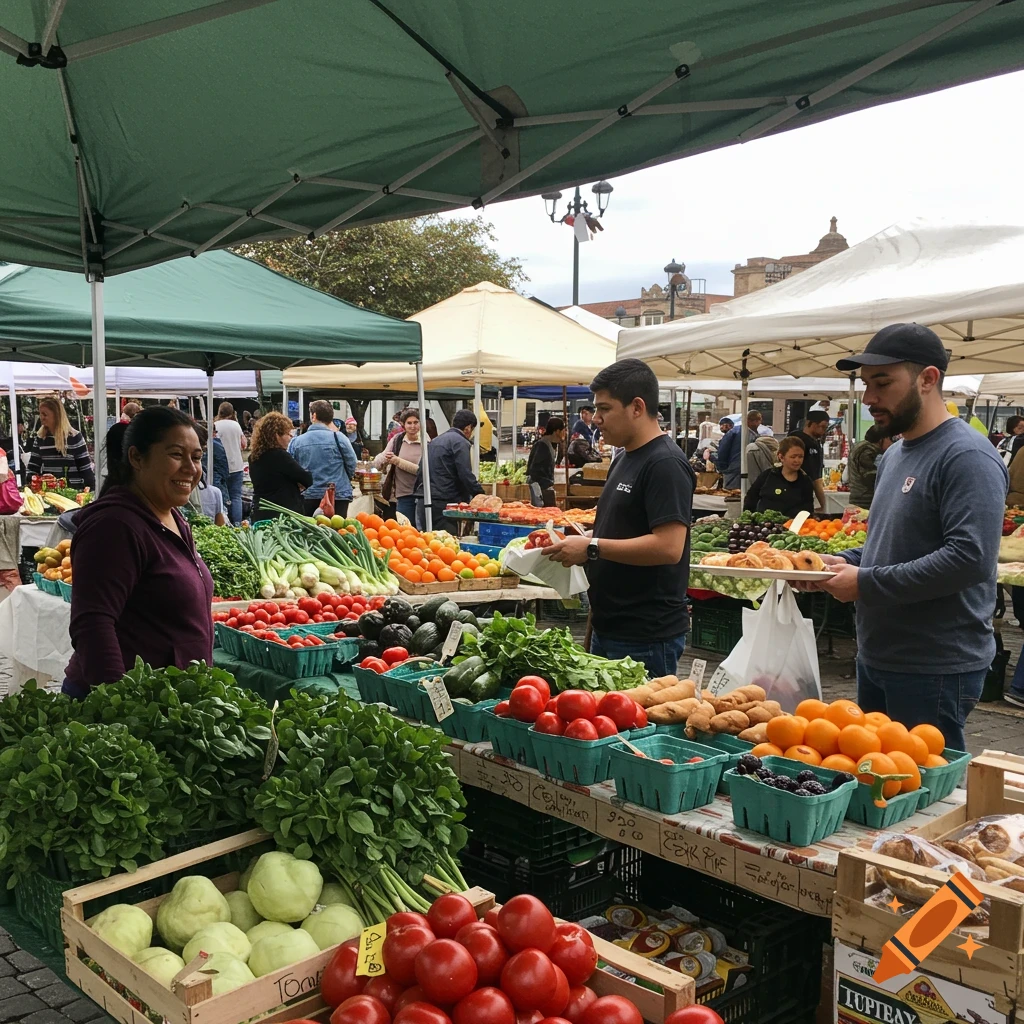People at a busy farmers market with stalls full of fresh vegetables and fruits. Photorealistic.