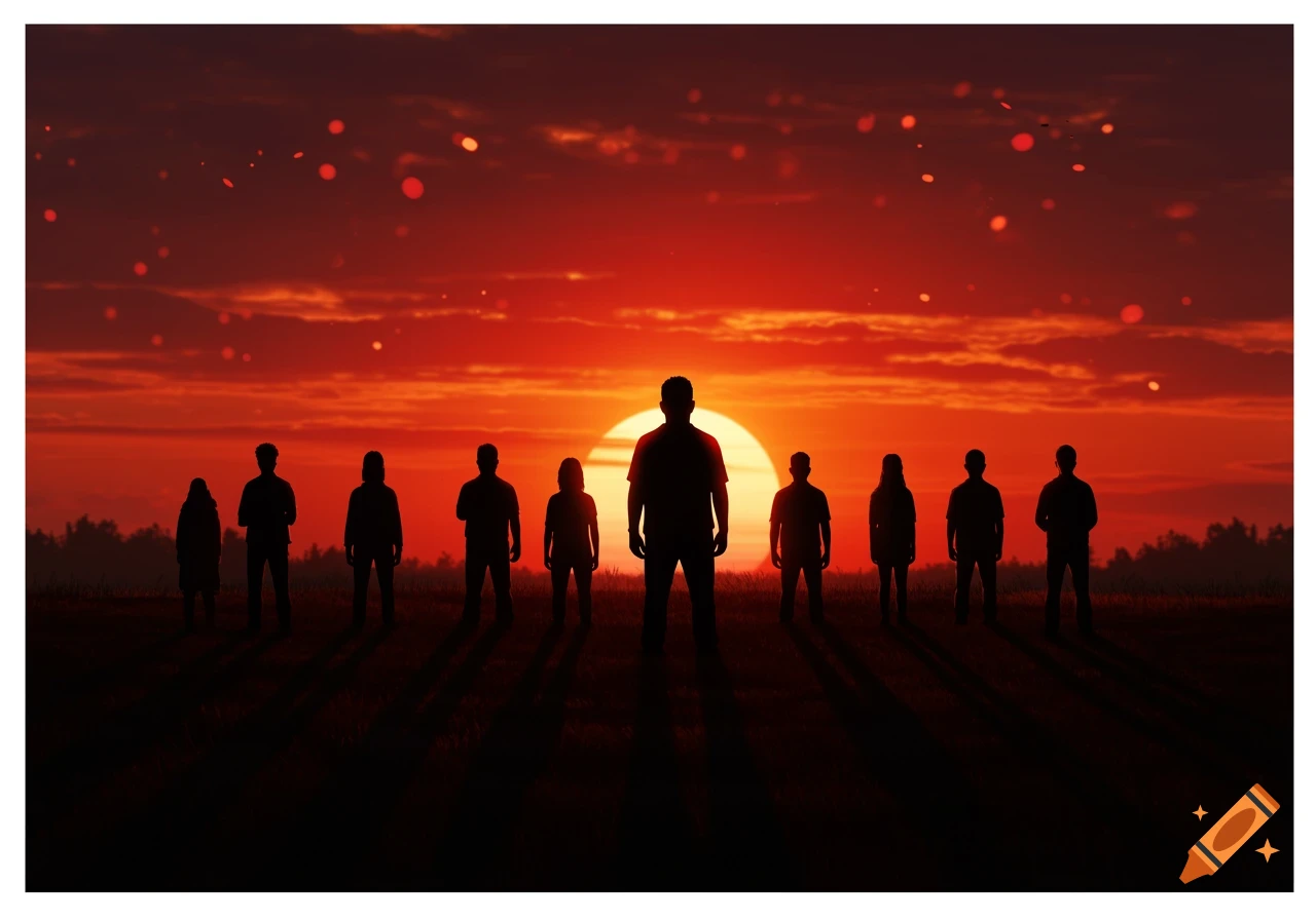 Silhouettes of a group of people standing in a field against a dramatic orange sunset.