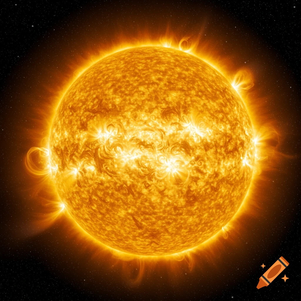 The sun showing surface detail and solar flares against a starfield background.
