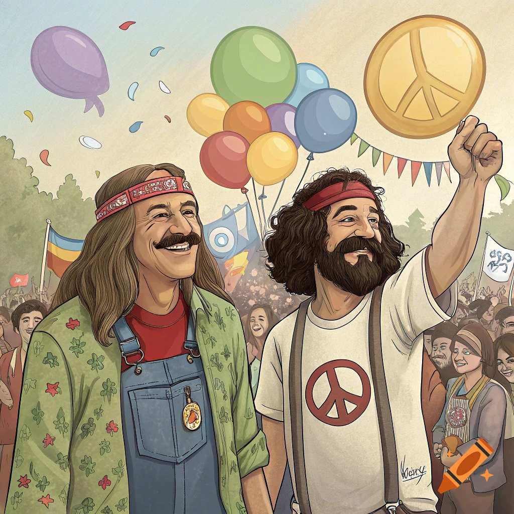 Cartoon illustration of two men resembling Cheech and Chong at a peace celebration, with balloons and flags.