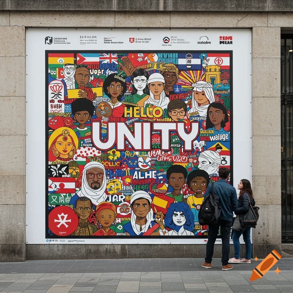 A colorful mural depicting diverse stylized people, flags, symbols, and the words UNITY and HELLO.