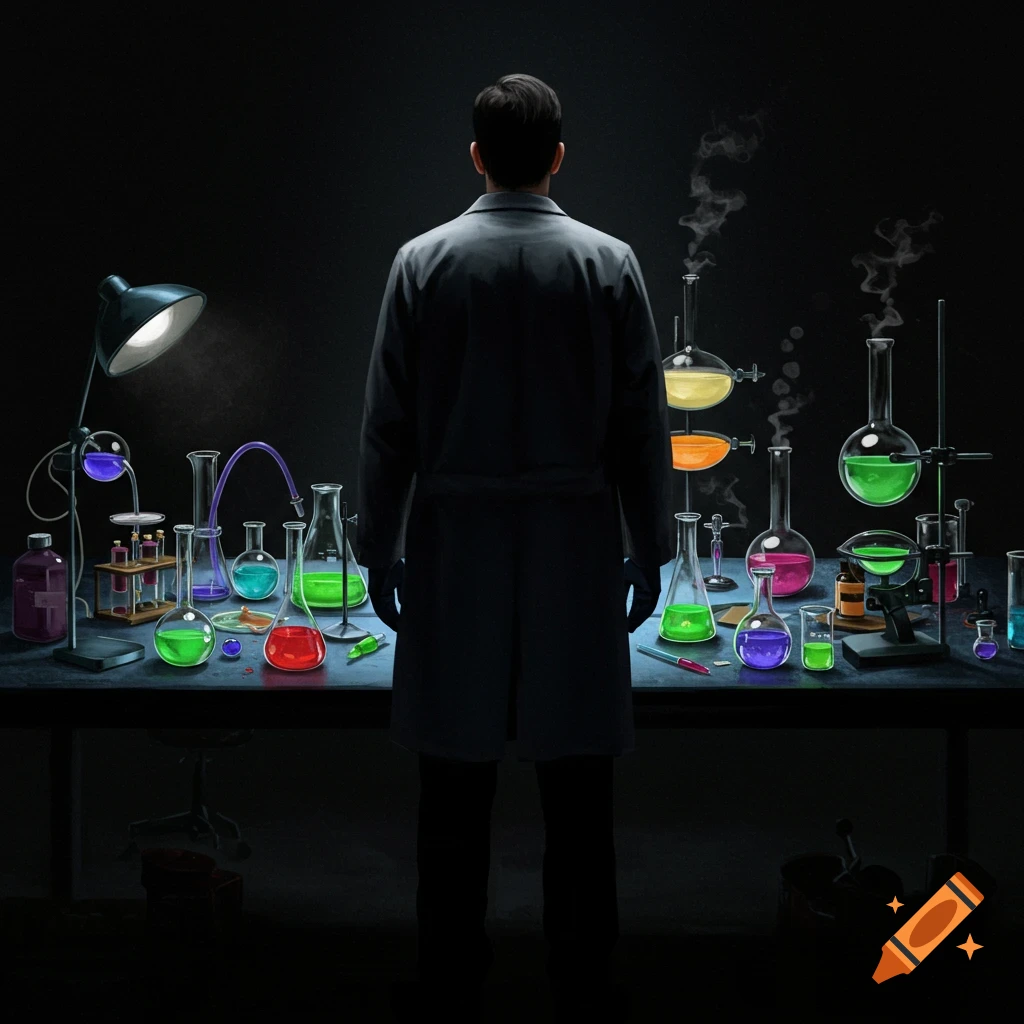 A person in a lab coat stands before a table filled with beakers and flasks containing colorful liquids.