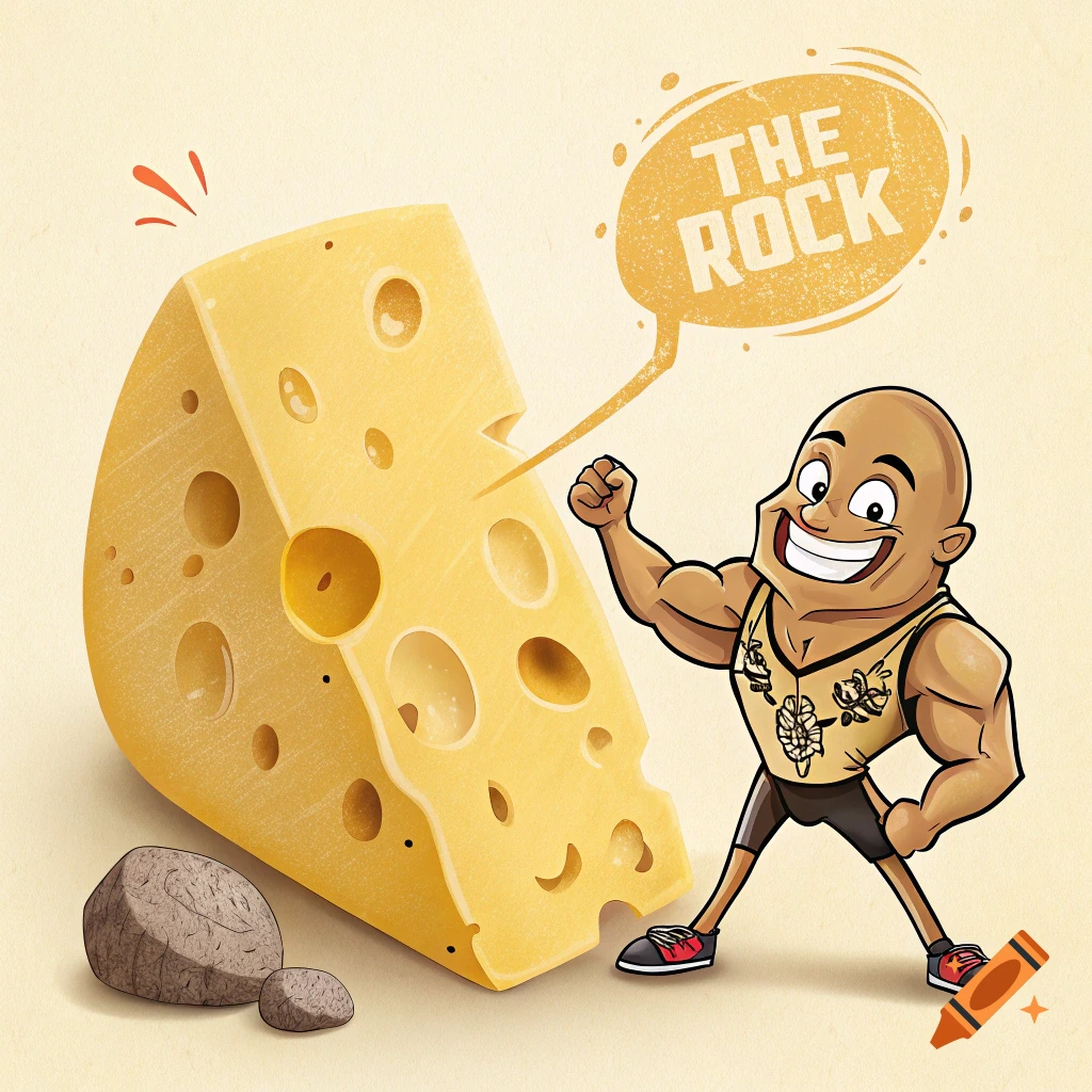 Cartoon man flexing next to a large cheese wedge with a speech bubble that says "THE ROCK"