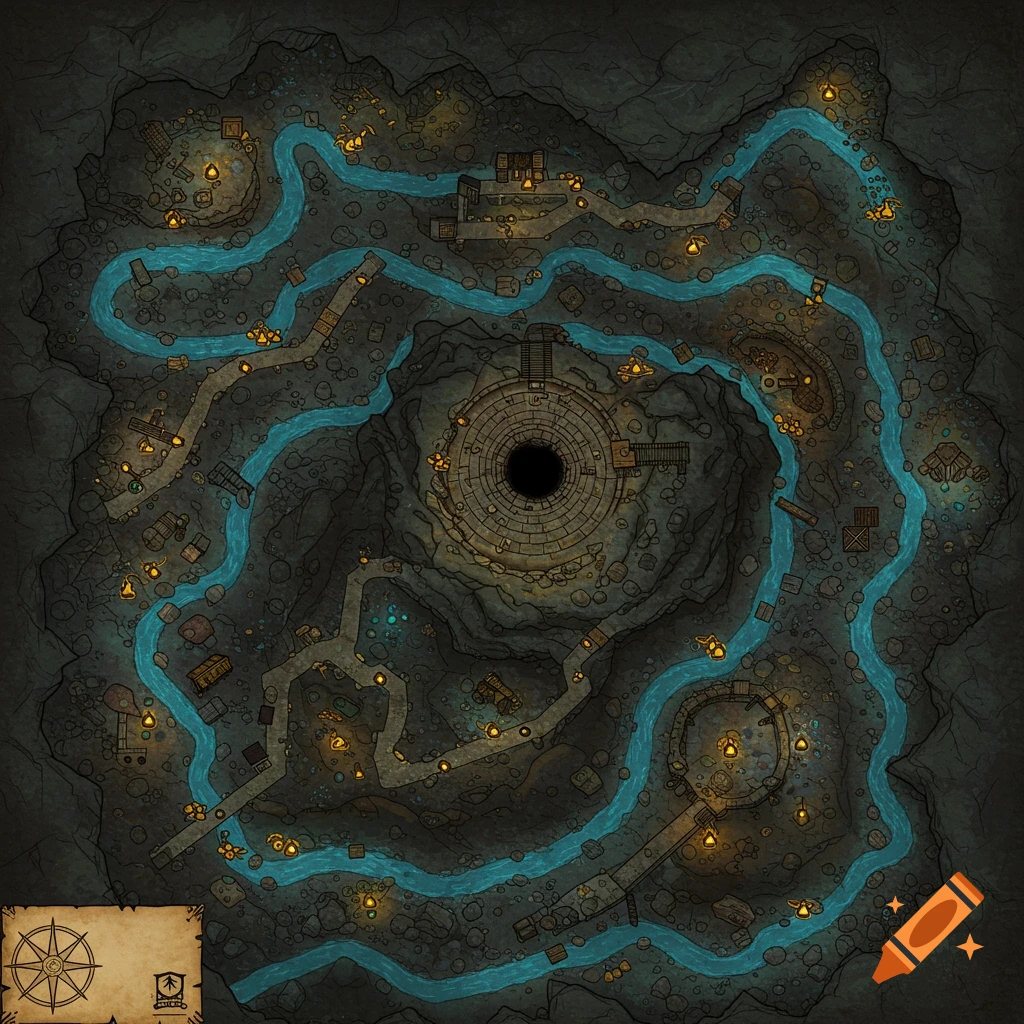 Top-down illustrated map of an underground mine with a winding blue river, pathways, structures, and a central well.