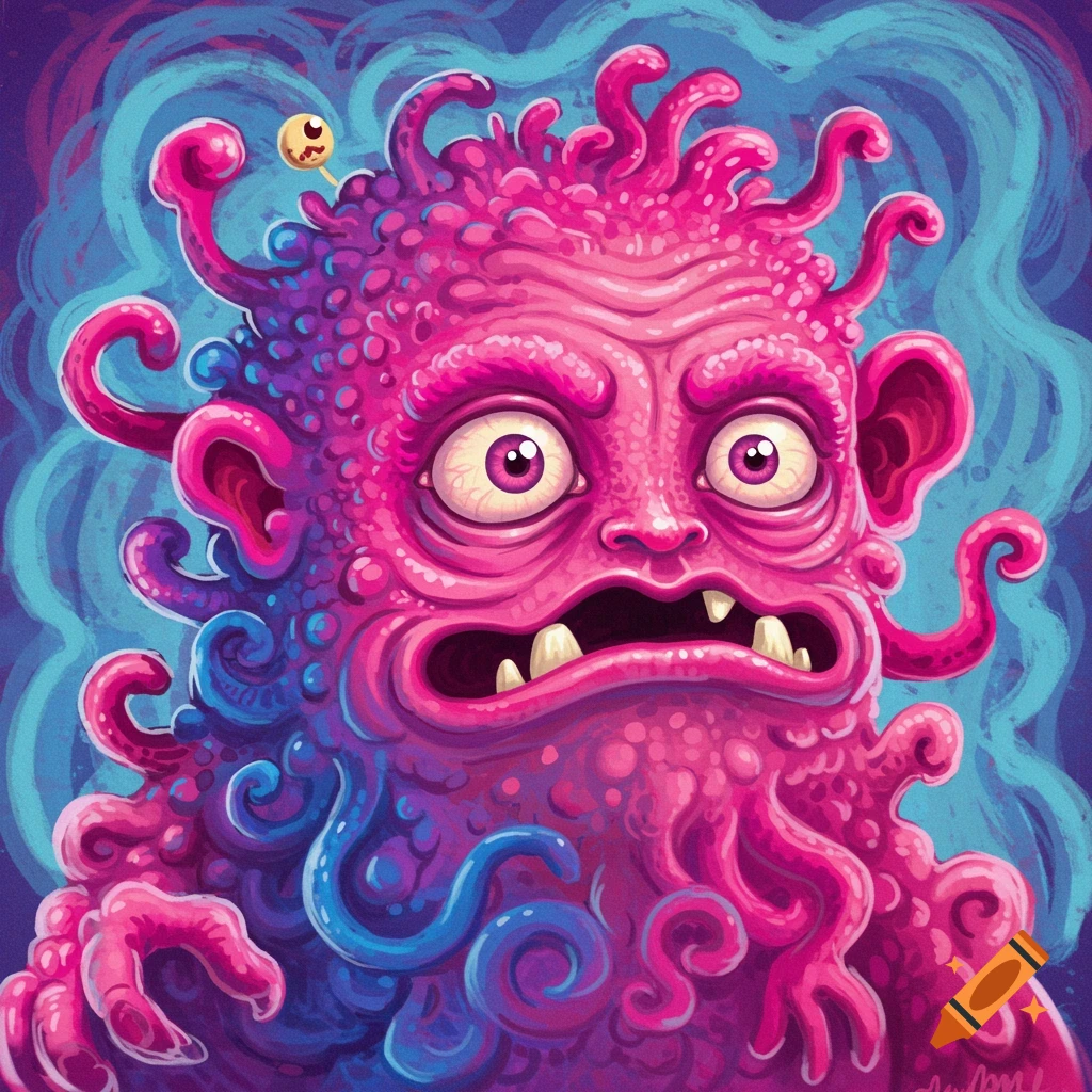 A vibrant pink monster with many tentacles, large eyes, and sharp teeth against a swirling blue background.