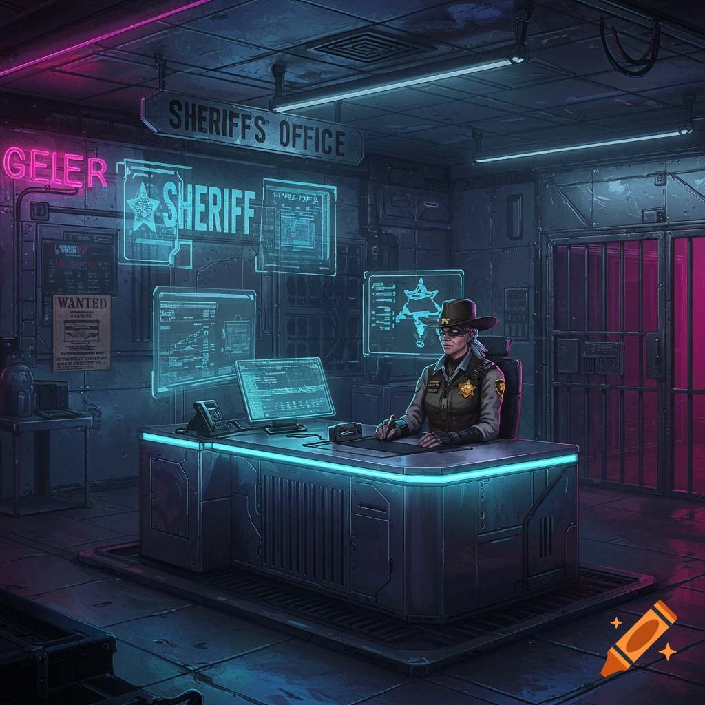 A female sheriff sits at a desk in a sci-fi western office with neon lights and screens, digital art.