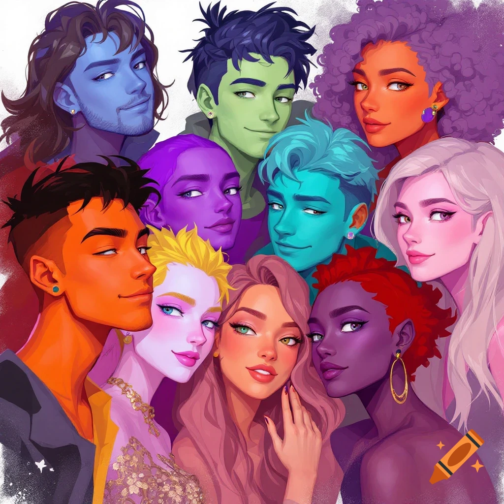 A diverse group of stylized, colorful people are depicted.