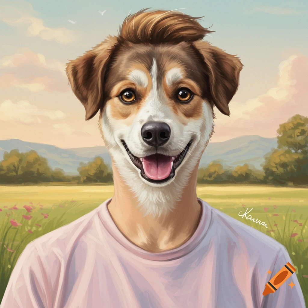 A dog's head on a human body wearing a pink shirt in a field.