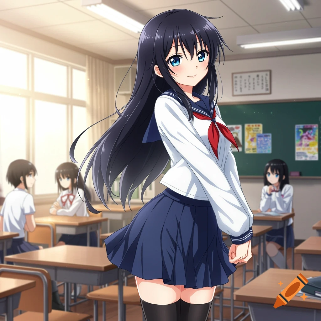 Anime schoolgirl with long black hair and blue eyes in a school uniform stands smiling in a bright classroom.