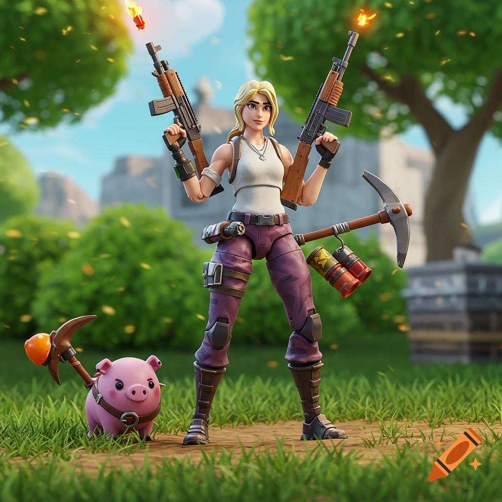 Fortnite action figure with weapons and pig pet in outdoor scene