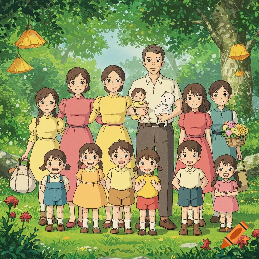 A large family including parents, ten children, a baby, and a cat poses in a lush forest in the style of Studio Ghibli.