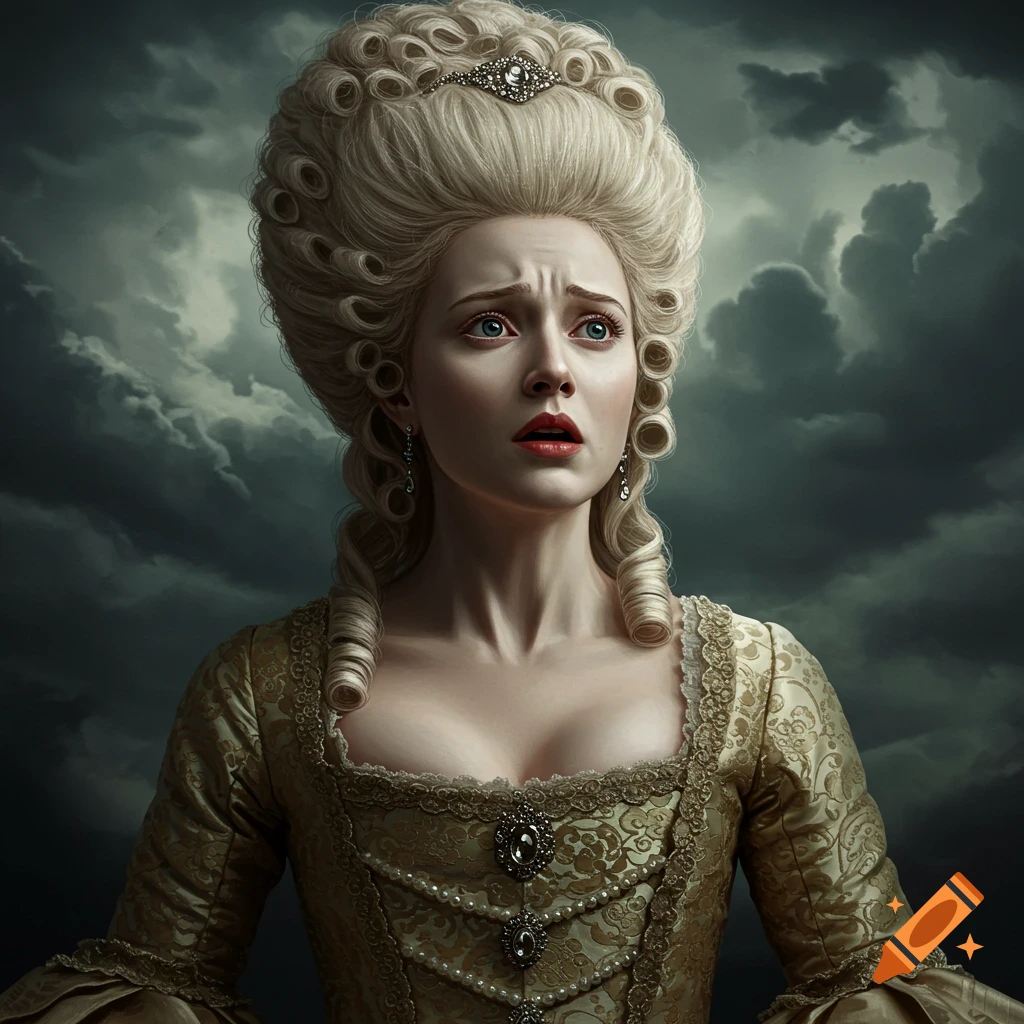 A dramatic portrait of a baroque woman with a tall wig looking fearful against a stormy sky.