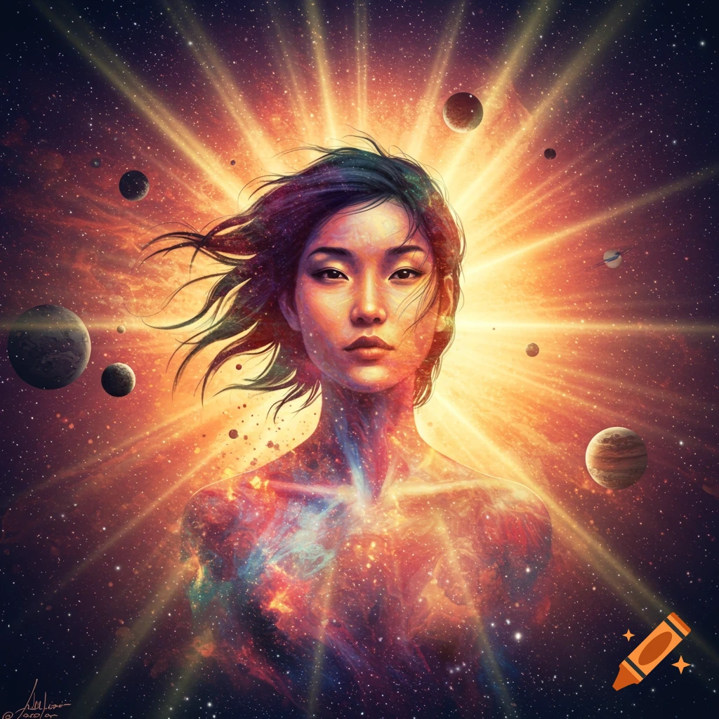 A woman with cosmic body merging with nebula, surrounded by stars and planets in space.