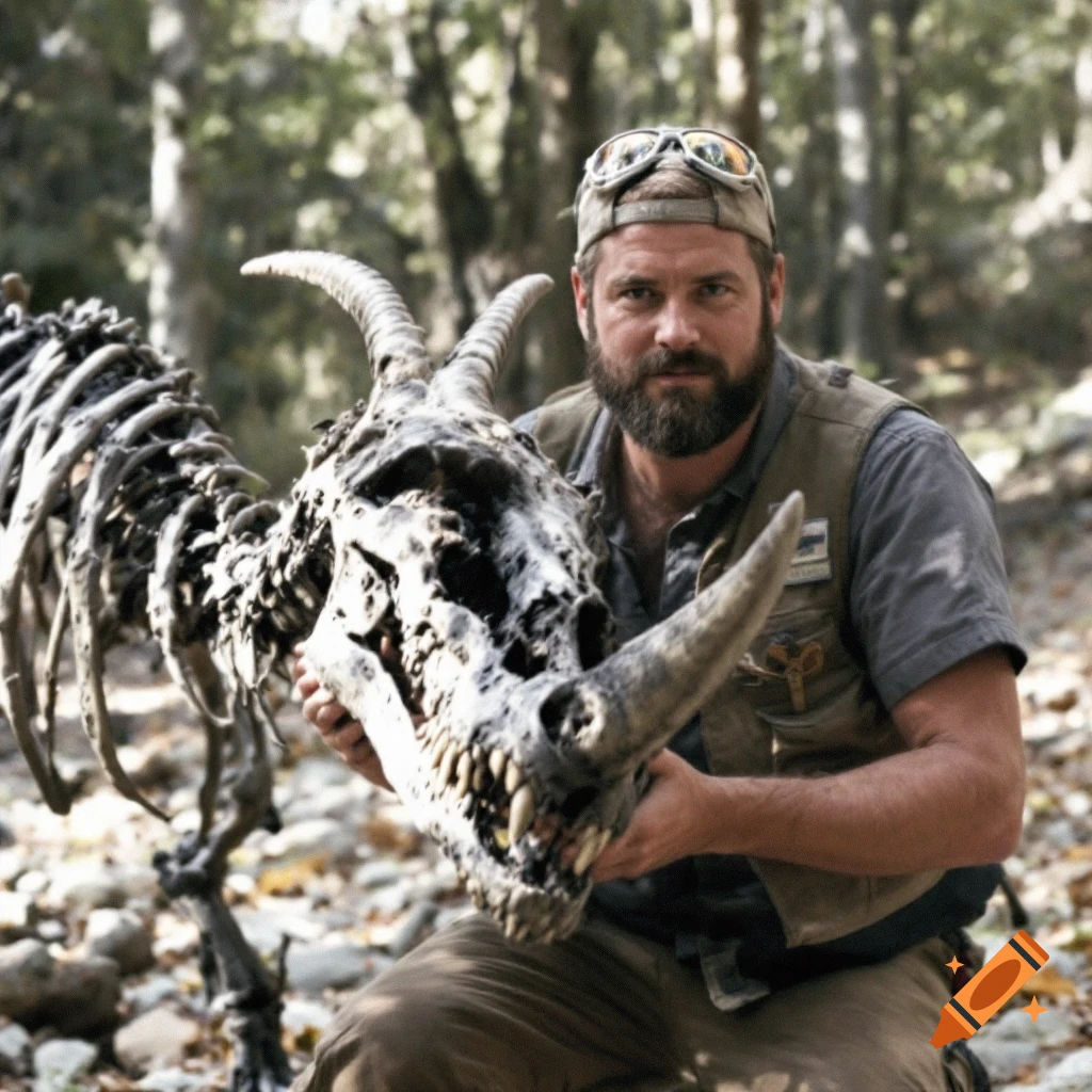 Paleontologist holds the skull of a dinosaur skeleton in a forest