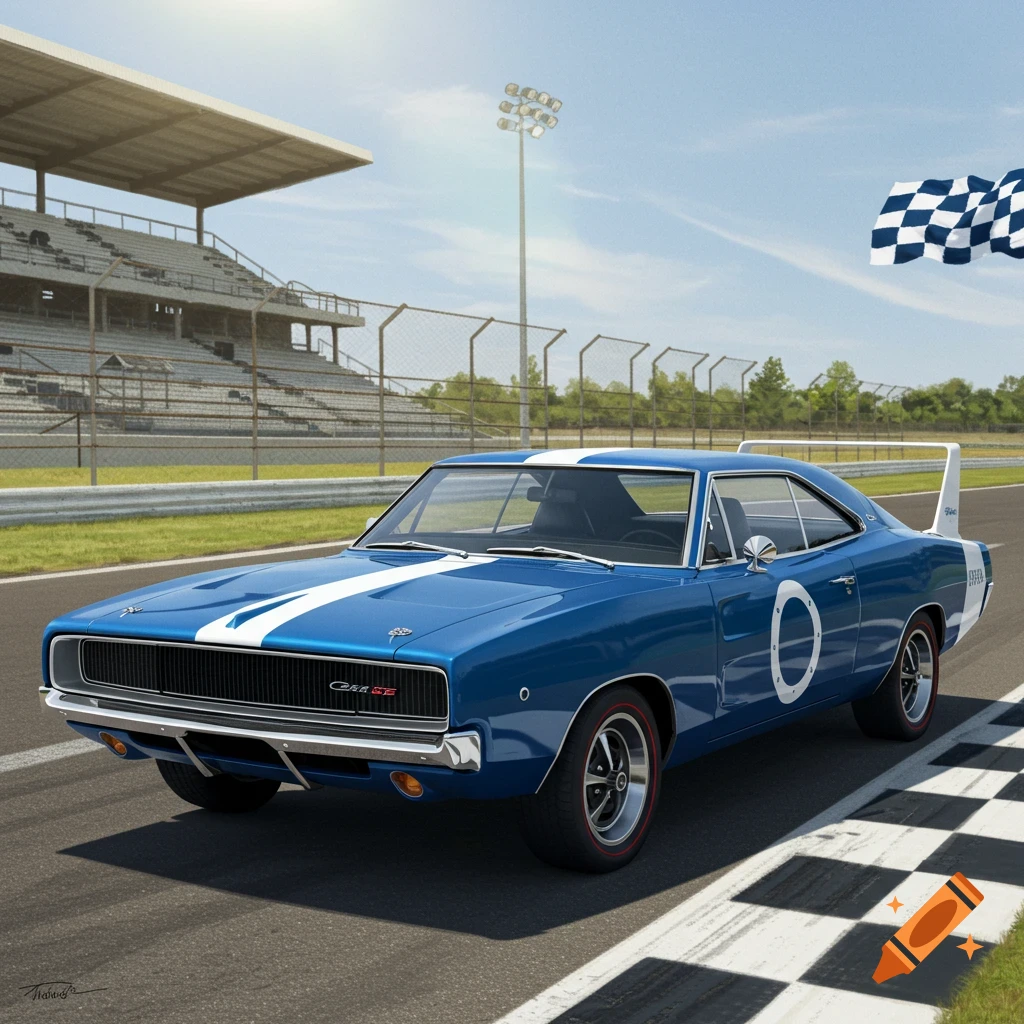 Blue 1969 Dodge Charger with white racing stripes and wing on a race track with grandstands and a finish flag.