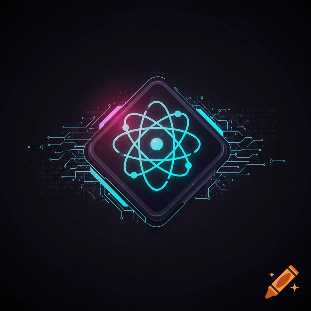 Glowing atom icon with circuit board elements and binary code background in a tech style.