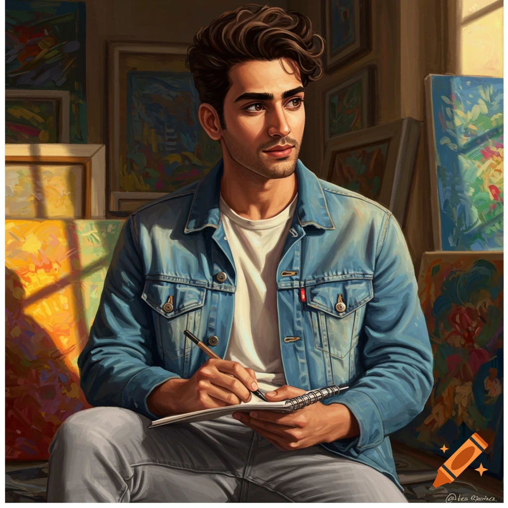 A young man drawing in an art studio.
