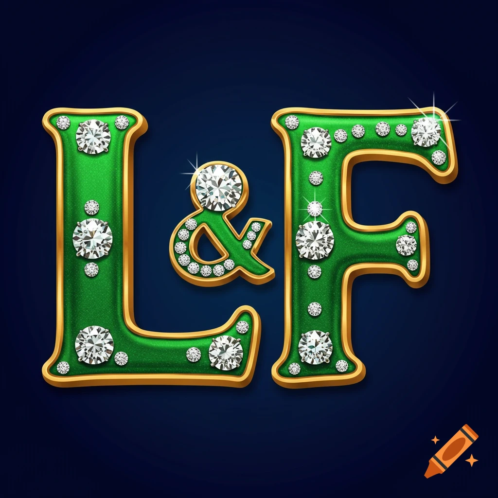 Large green and gold letters L & F covered in diamonds