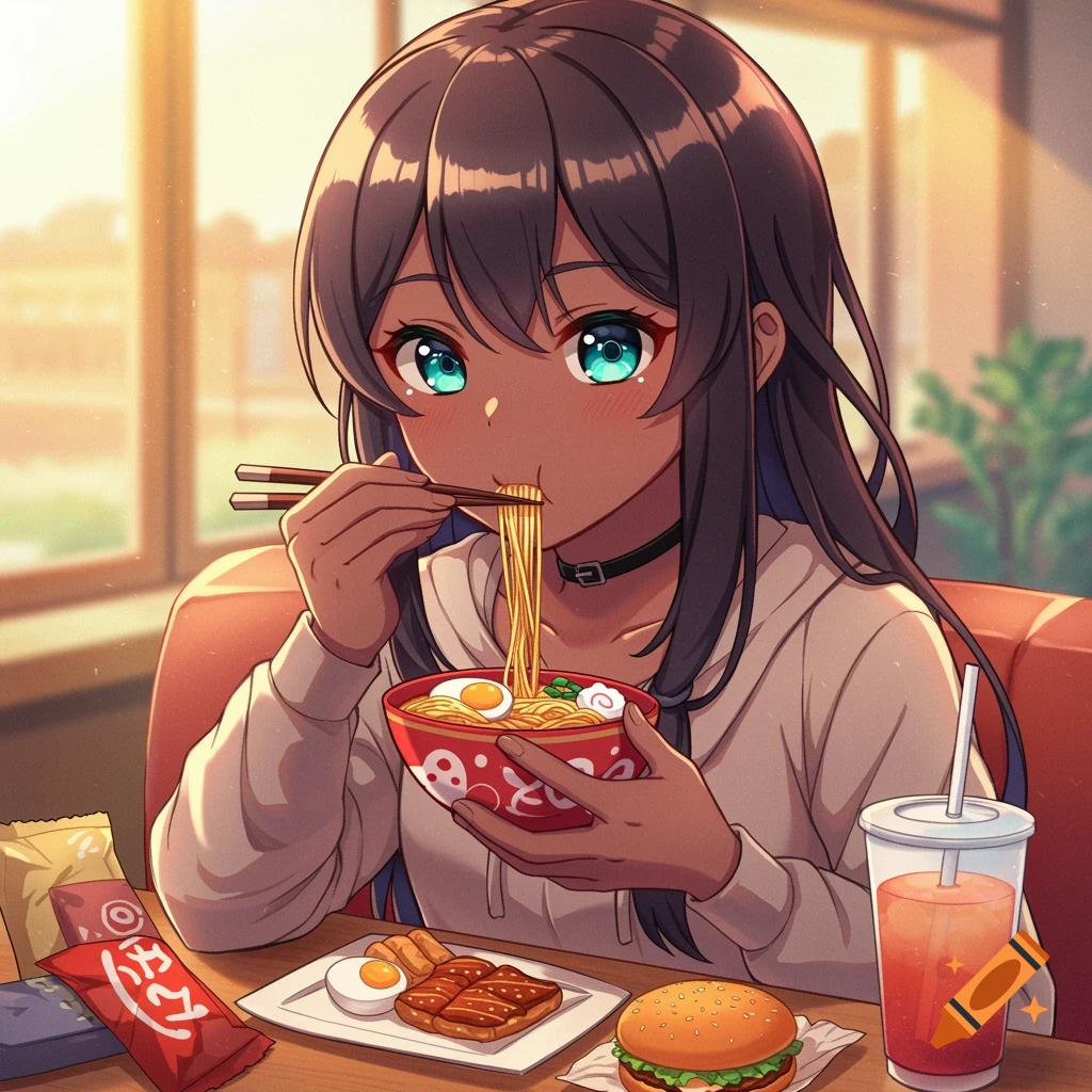 Anime girl eating ramen at a table with snacks and drinks.