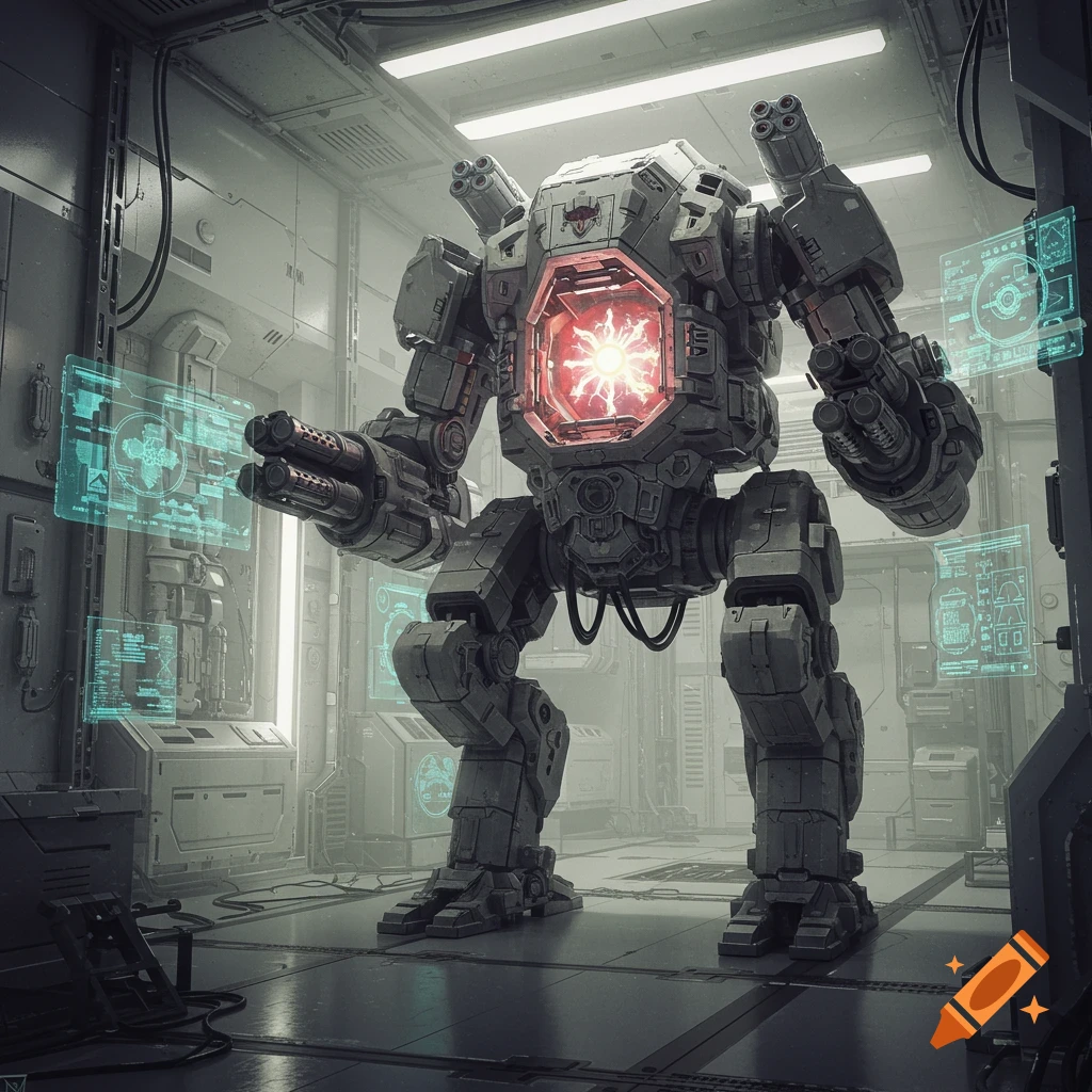 Cyberpunk robot in a sterile science facility with holographic screens