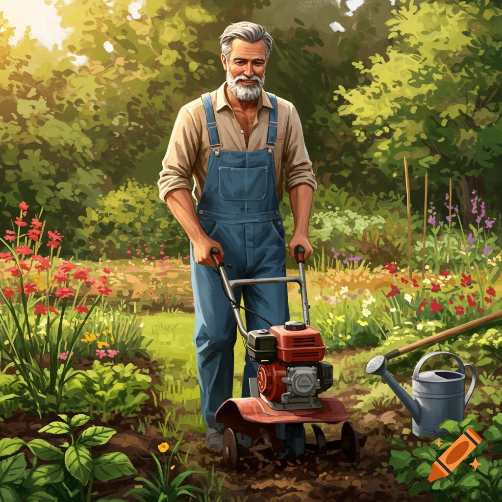 A man tilling a garden