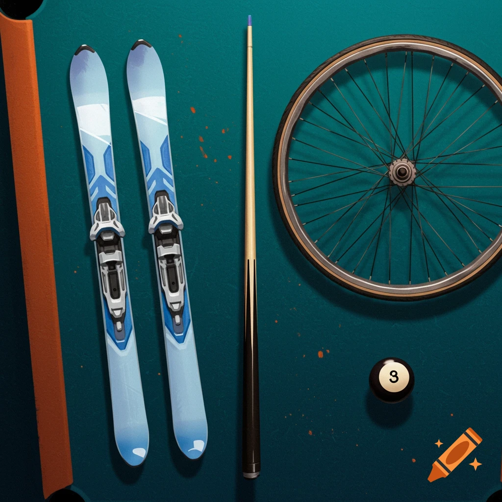 Skis, a bicycle wheel, a pool cue, and a number 9 pool ball are on a green pool table.