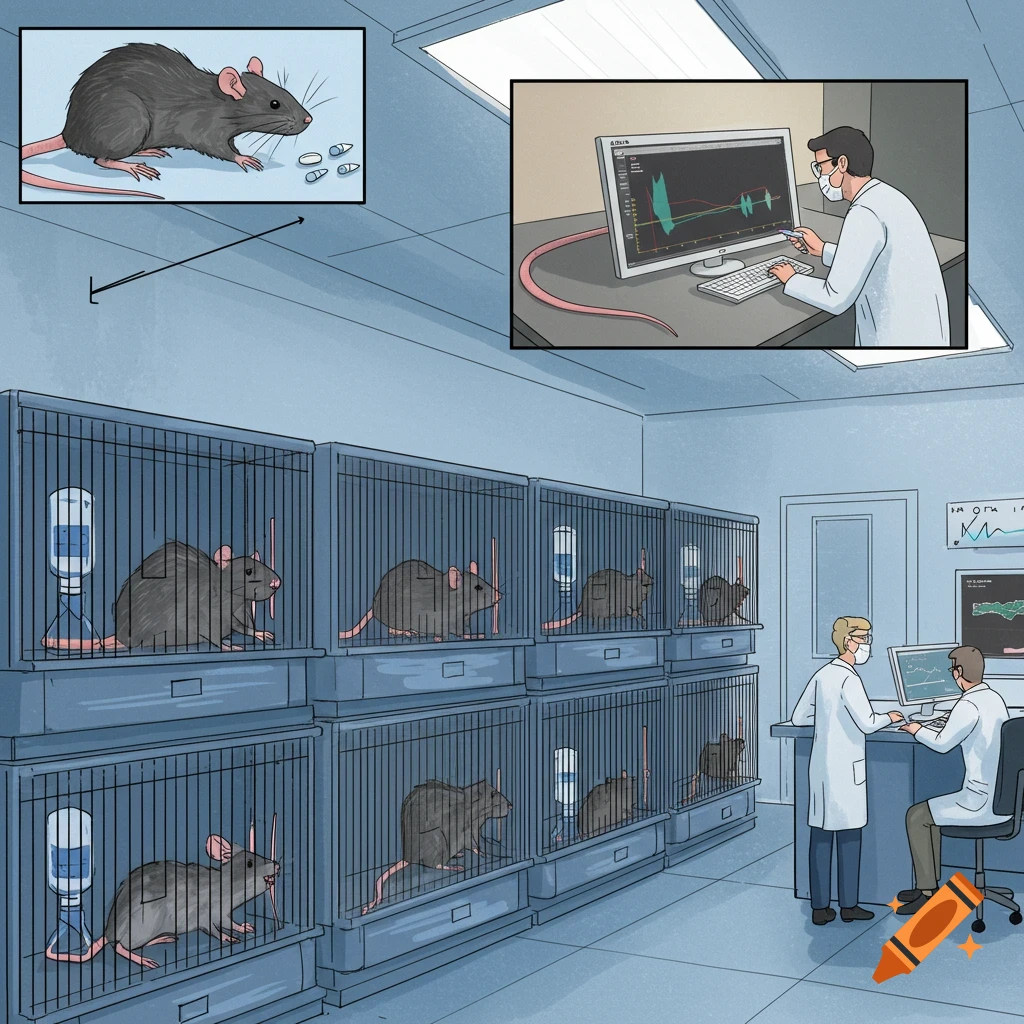 Image of rats in cages in a laboratory with scientists studying data on monitors.