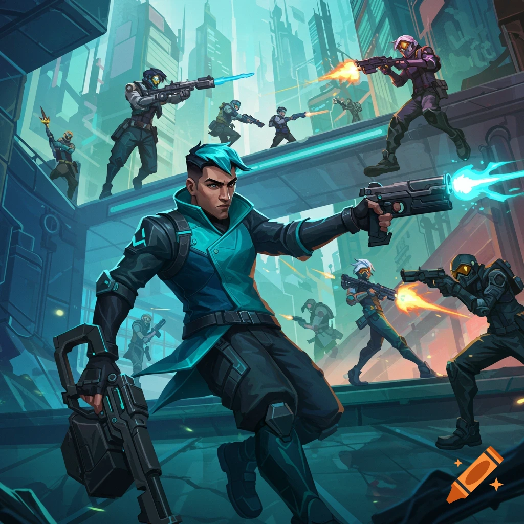 Stylized illustration of futuristic agents battling in a cyberpunk city.
