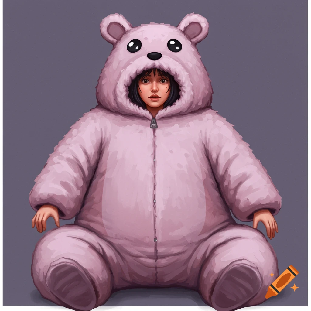 A person in a large, fluffy pink bear onesie sits.