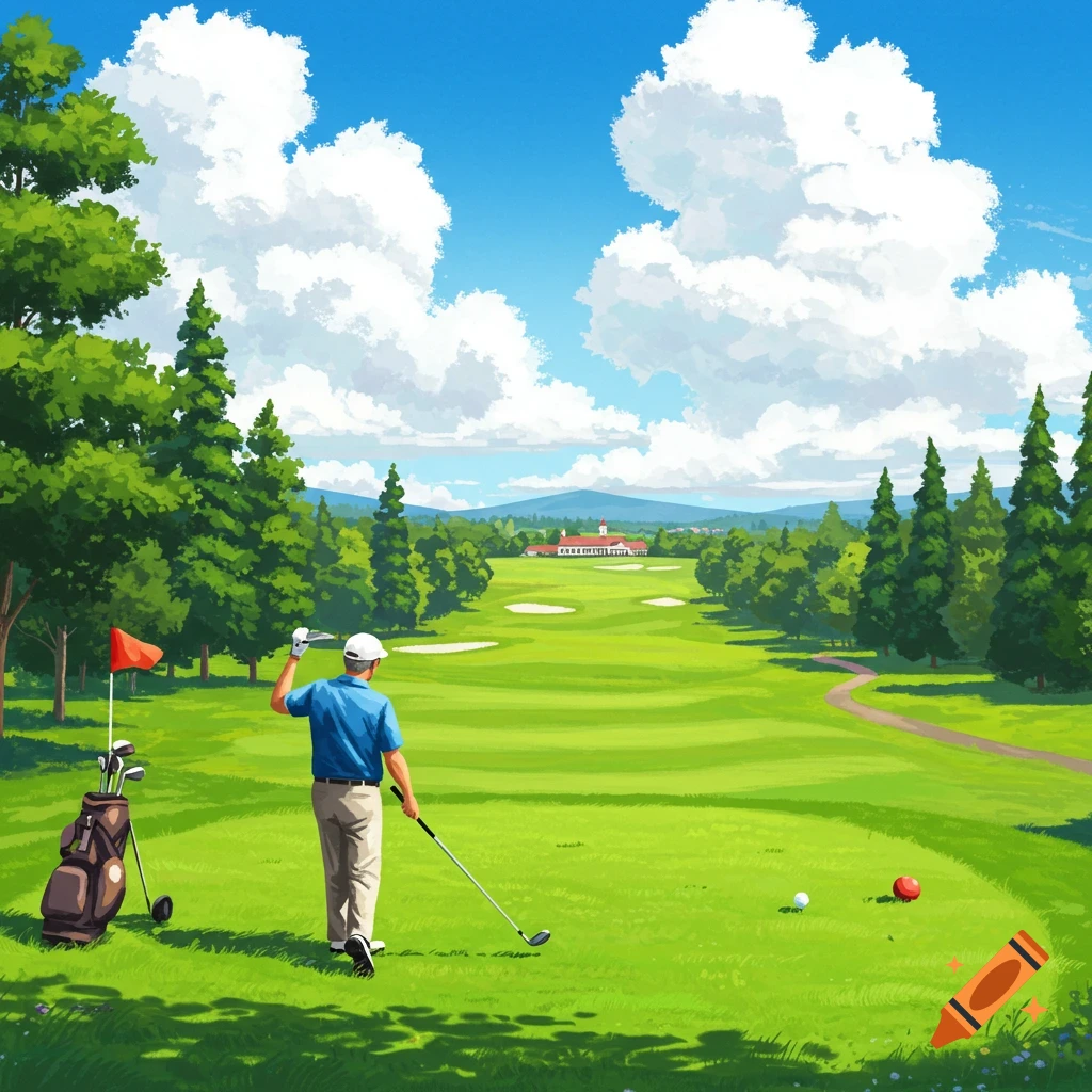 A golfer on a tee box getting ready to swing on a sunny golf course.