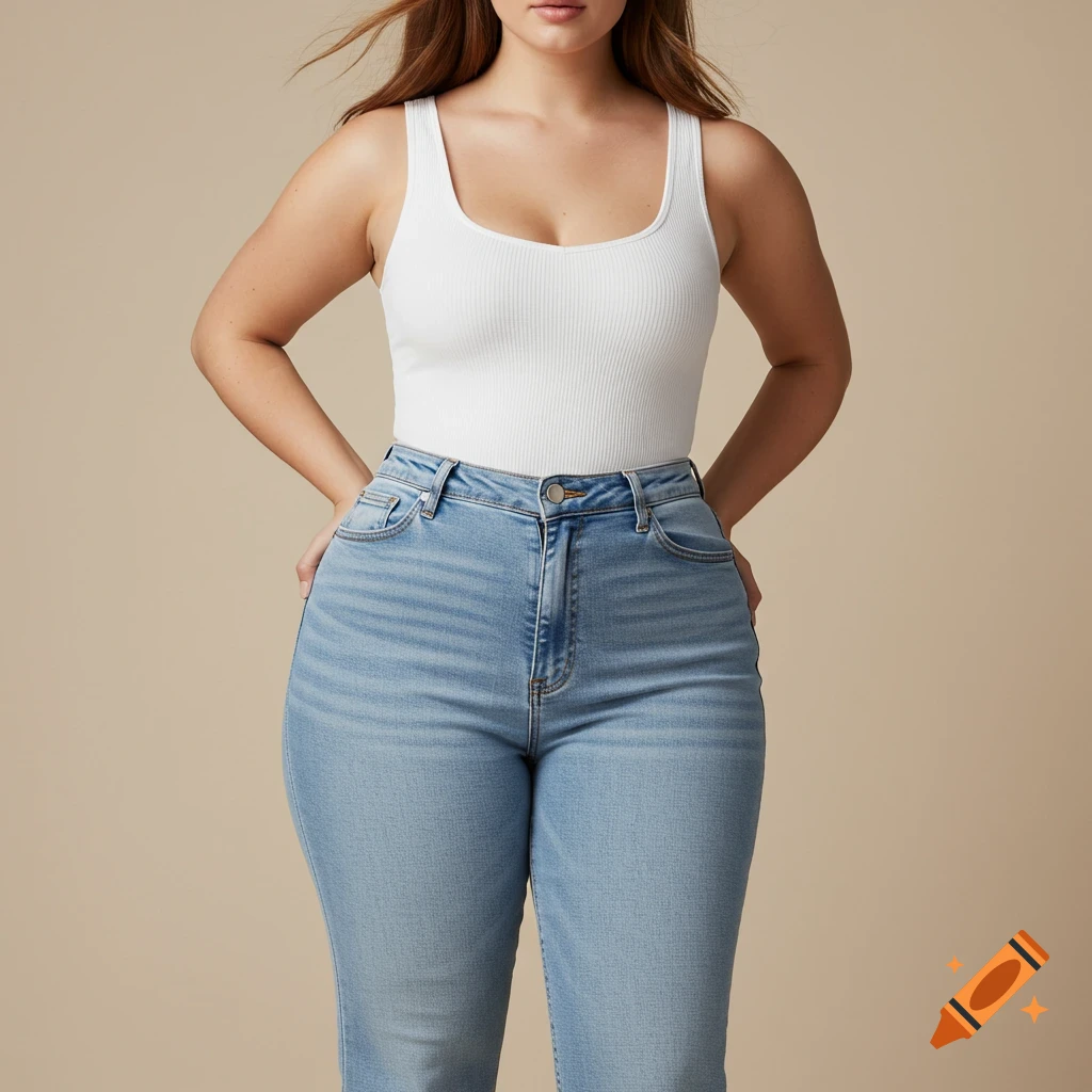 Woman in white ribbed tank top and light blue jeans posing in a studio