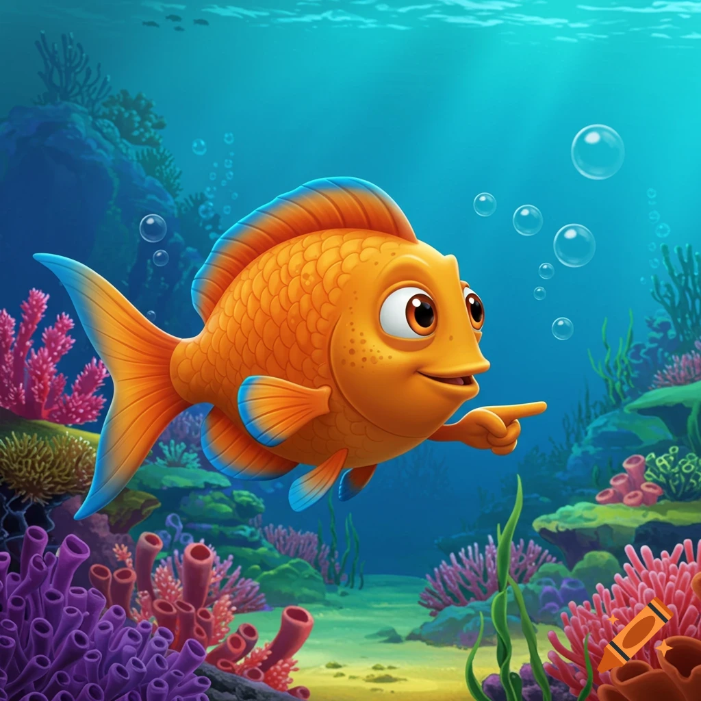 Cartoon orange and blue fish pointing underwater among colorful coral