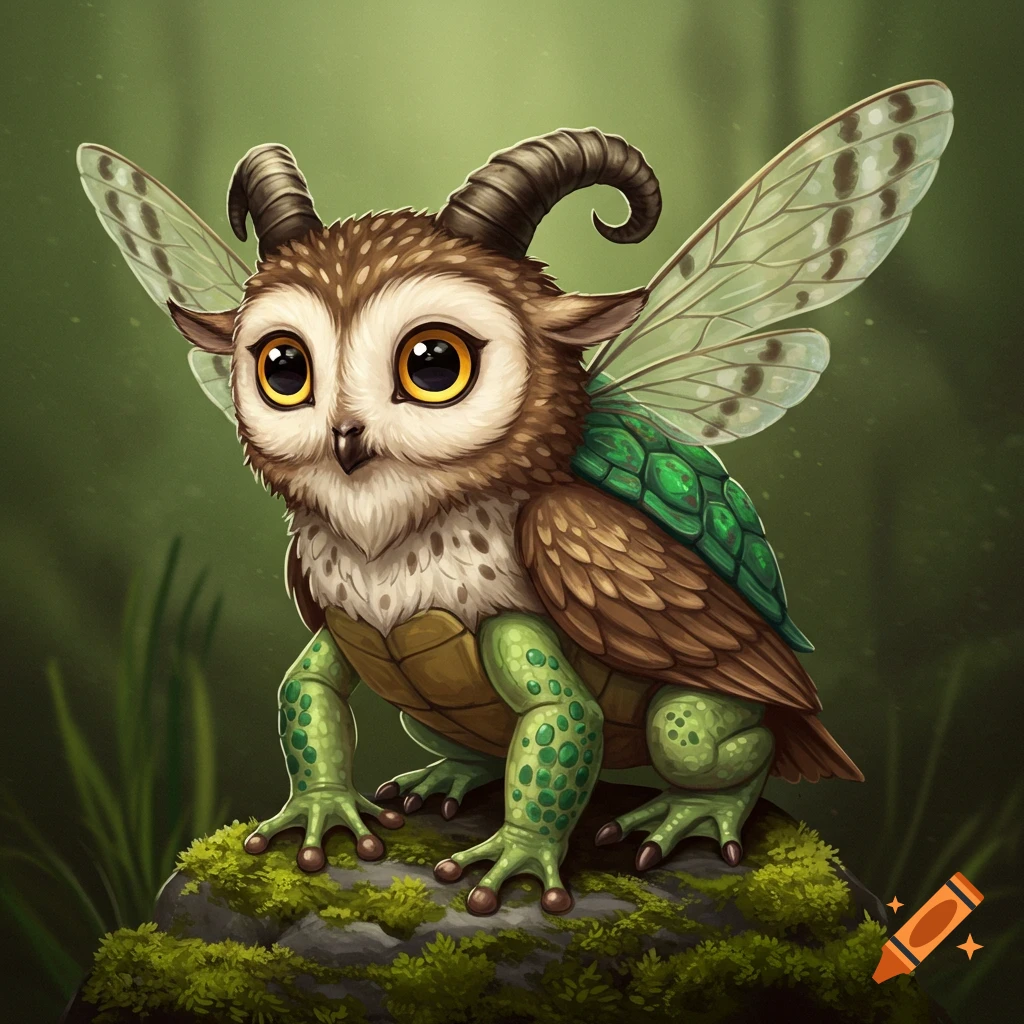 A fantasy hybrid creature (owl, goat, turtle, frog, insect) on a mossy rock in a forest.