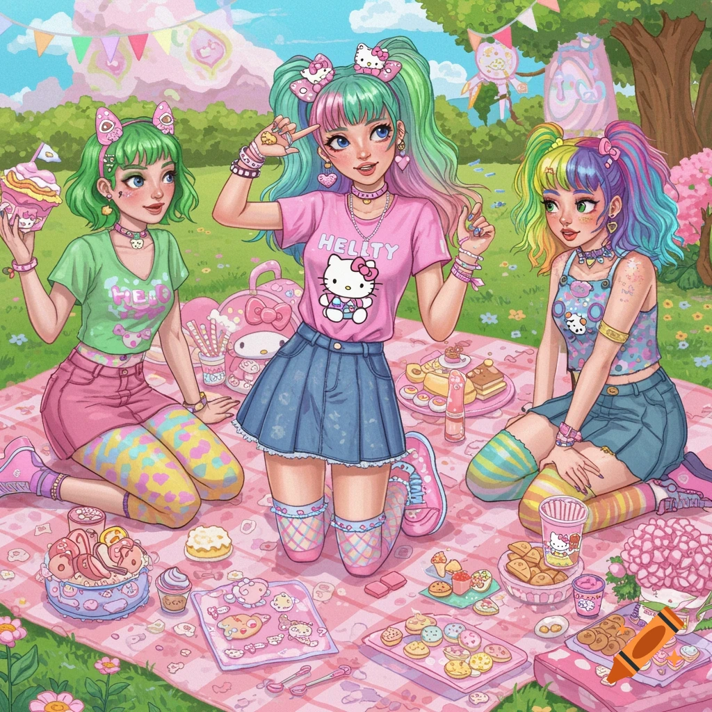 Illustration of three young women with colorful hair having a Hello Kitty themed picnic in a park.